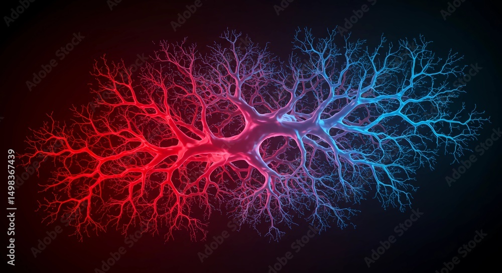 Poster Abstract Branching Network Glowing Red and Blue on Dark Background
