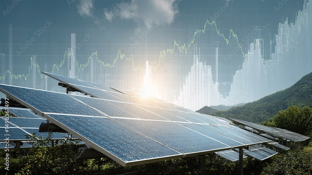 Poster solar panel array with green energy and growth data visualization