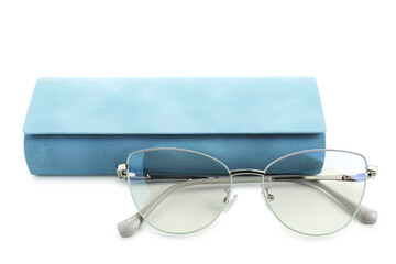 Case with stylish glasses isolated on white