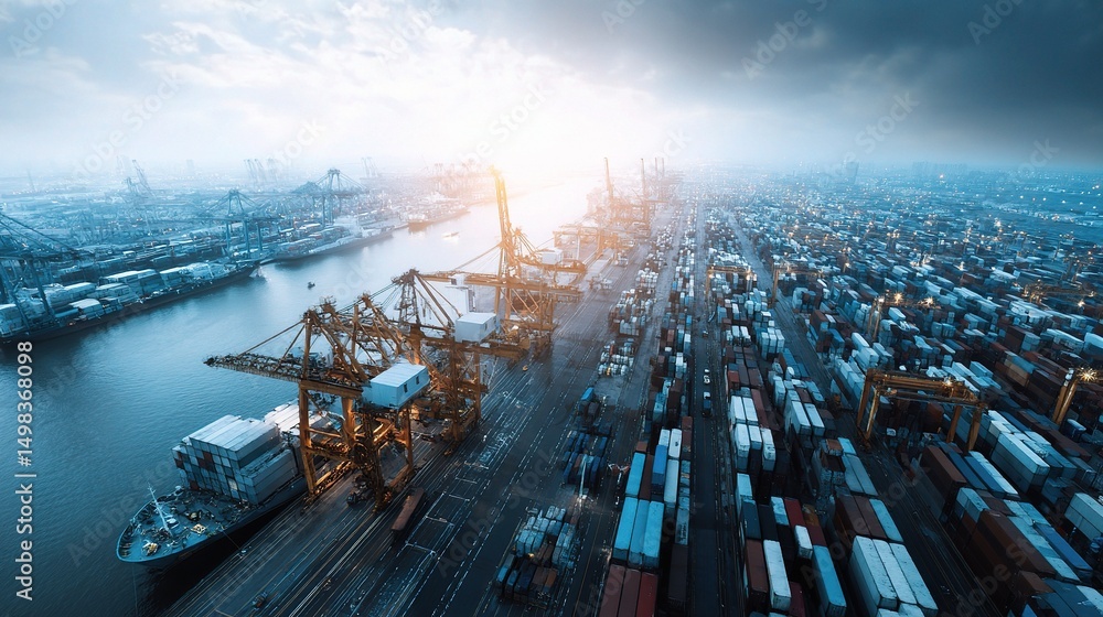 Poster aerial view of busy shipping port with cranes and containers