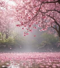 Floating pink sakura petals against a dreamy, out-of-focus spring scene , season, blurred