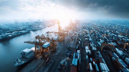 Aerial View of Busy Shipping Port with Cranes and Containers