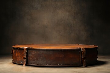 Rustic round coffee table with leather straps, metal accents, and a dark brown finish.