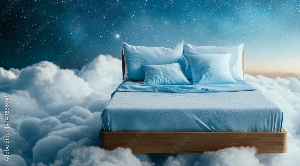 Poster bed is floating in the clouds with pillows and blankets