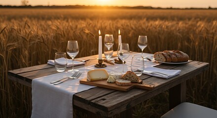 Sunset Dinner in Wheat Field with Cheese and Wine – Elegant Outdoor Setup

