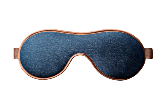 Pair of blue denim eye masks with a brown strap isolated