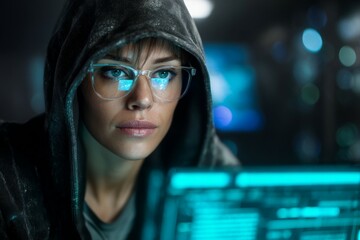 Focused young caucasian female hacker with glasses in hooded sweatshirt analyzing data on computer screen