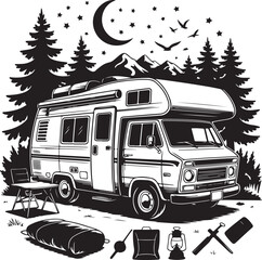 Vintage Campervan Adventure: A detailed graphic captures the essence of travel and freedom, a retro campervan is parked amidst trees under a vibrant sky, evoking a sense of wanderlust and exploration.