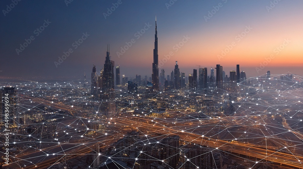 Poster global connection map of dubai with layered network visualization