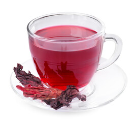 Delicious hibiscus tea in glass cup and dry roselle sepals isolated on white