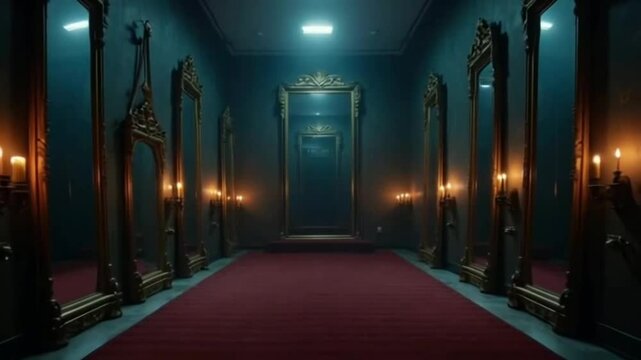 A long hallway with dark teal walls, ornate gold mirrors lining either side, and a dark red carpet creates a mysterious and elegant atmosphere, lit by candlelight sconces flanking each mirror.