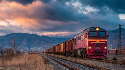 Fototapeta premium Train journey through scenic mountains at sunset transport image rural landscape wide view nature concept