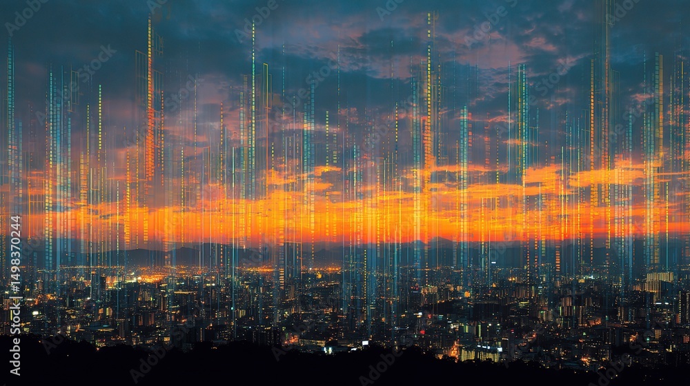 Poster abstract circuit pattern over skyline at dusk with vibrant colors