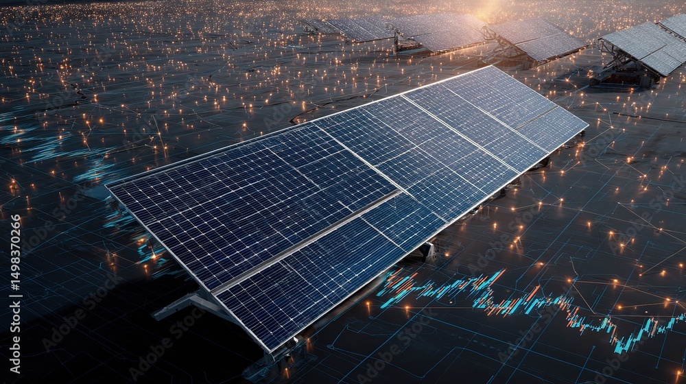 Poster aerial shot of solar array with glowing network at sunset