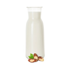Nut milk in glass bottle and Brazil nuts isolated on white