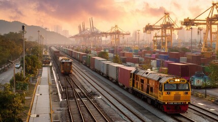 Fototapeta premium Freight train transportation port city industrial scene dusk light aerial view urban development