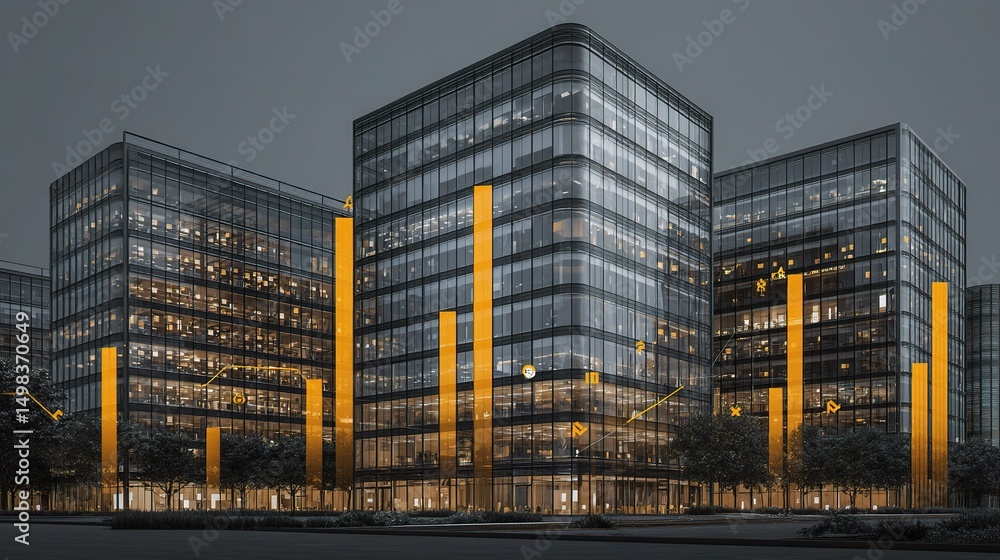 Poster modern office building with windows and bar charts visualization