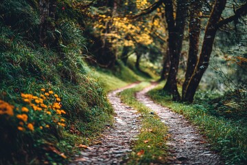 Fototapeta premium Autumn Forest Path Winding Through Trees