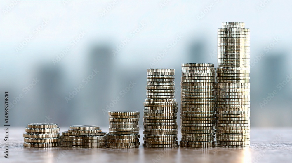 Poster growing coin stack forming skyscraper shape in soft focus background