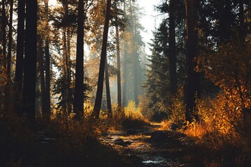 Obraz premium Golden Hour Forest Path In Autumn
