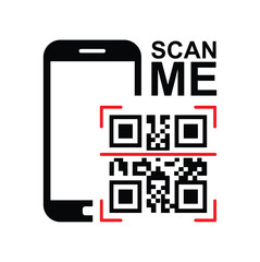 Vertical black smartphone silhouette on white background, centered QR code with highlighted framing squares and bold 'SCAN ME' text. Minimalist, clean, technical style conveying scanning action. Front