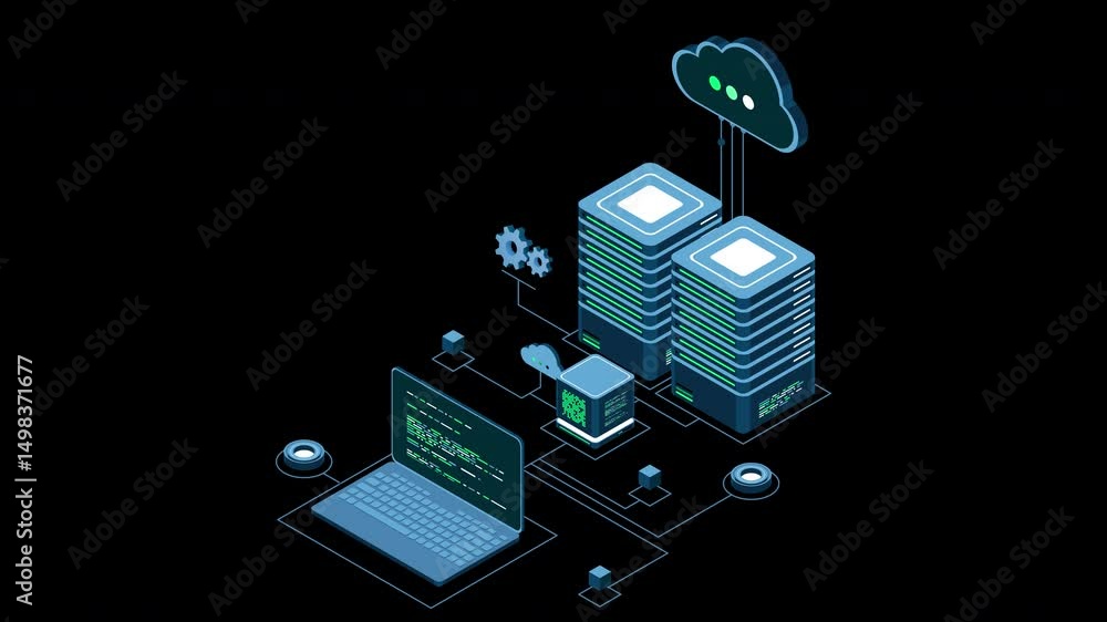 Poster Isometric computer technology animation. Computation of big data center. Cloud computing. Online devices upload and download information. Transparent background with alpha channel