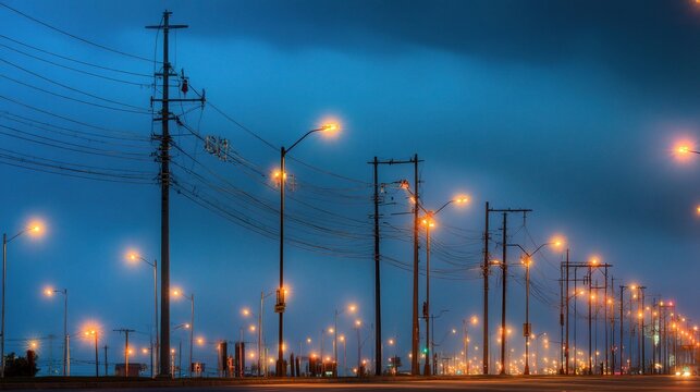 Electric Grid Lines Blending into City Street with Lamp Lights