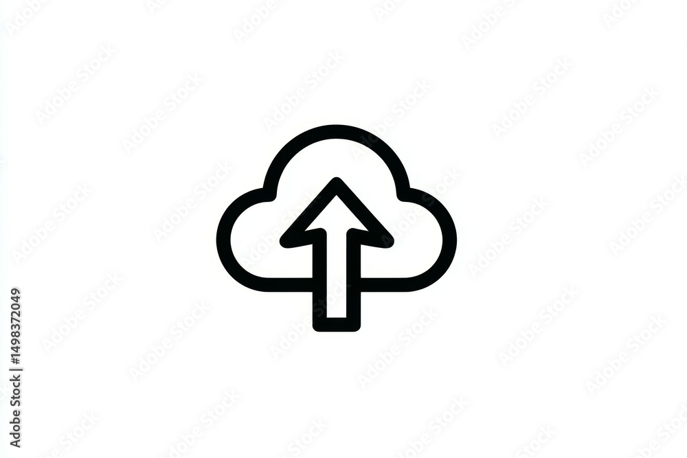 Poster cloud upload icon with arrow in black outline on white background