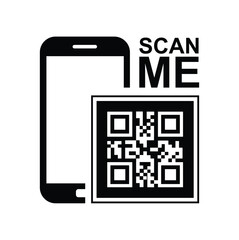 Vertical black smartphone silhouette on white background, centered QR code with highlighted framing squares and bold 'SCAN ME' text. Minimalist, clean, technical style conveying scanning action. Front