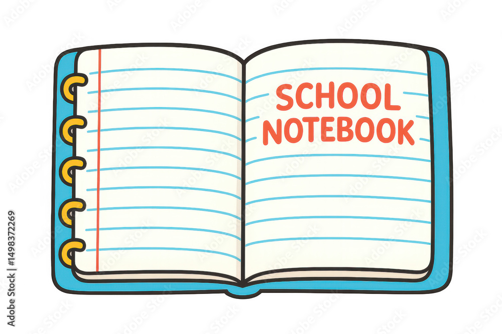 Poster spiral-bound notebook lying open, revealing blank lined pages and handwritten title against transpar