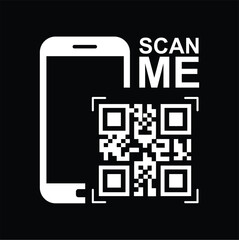 Minimalist design, black background, white smartphone icon (left), black QR code (upper right), bold "SCAN ME" text. Clean, modern digital tech, graphic composition for clear communication, easy