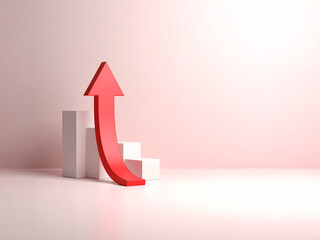 Minimal composition of a red upward arrow centered on a pastel background, with abstract shapes indicating movement and progress.