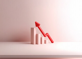 Minimal composition of a red upward arrow centered on a pastel background, with abstract shapes indicating movement and progress.