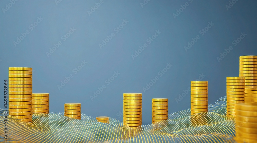 Poster rising coin stacks on a floating graph with lines and standard scale