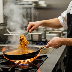 Chef preparing flame meal using pan in a commercial kitchen
