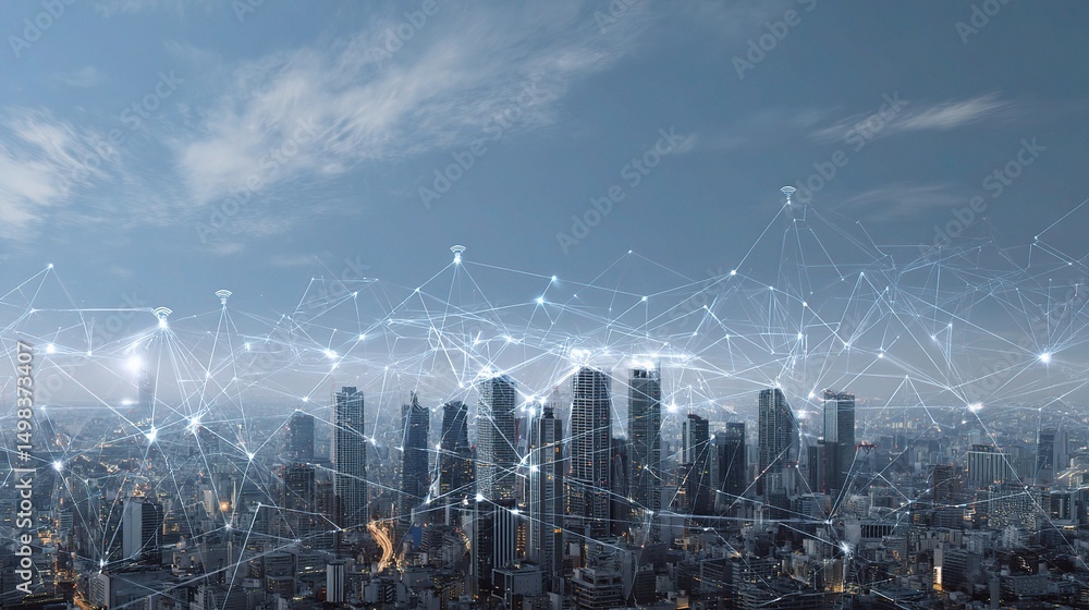 Poster Modern Cityscape with Data Network Connection in the Clouds