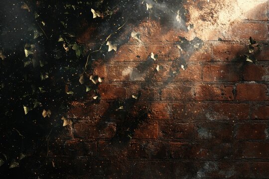 Ivy climbs a weathered brick wall, bathed in a mystical, dusty light.
