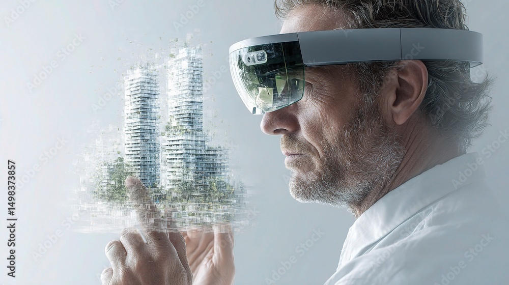 Poster architect using ar glasses for digital building render creation