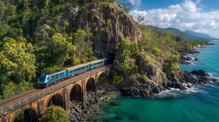 Train journey through scenic coastal landscape queensland australia aerial view travel experience