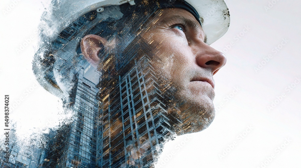 Poster project manager portrait in double exposure with building elements