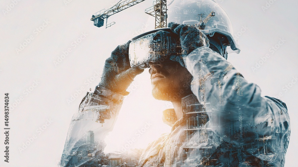 Poster engineer adjusting helmet with double exposure effect on project