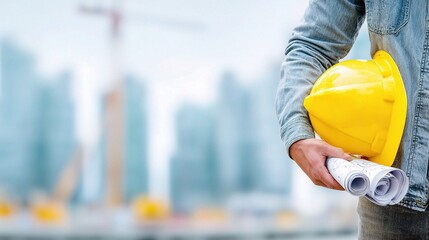 Engineer Holding Yellow Hard Hat and Blueprints at Construction Site