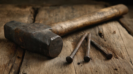 A hammer and nails on an old wooden workbench.