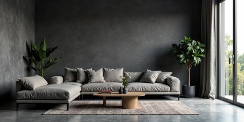 Serene Modern Living Room with Neutral Tones and Greenery Against a Textured Dark Wall
