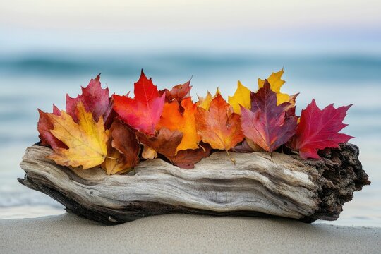 Vibrant autumn leaves rest on weathered driftwood against a tranquil ocean backdrop.