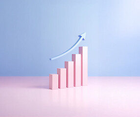A minimalist 2D bar chart with a single arrow rising above the bars, soft gradient tones, and no text, symbolizing sales increase and market progress.