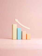 A minimalist 2D bar chart with a single arrow rising above the bars, soft gradient tones, and no text, symbolizing sales increase and market progress.