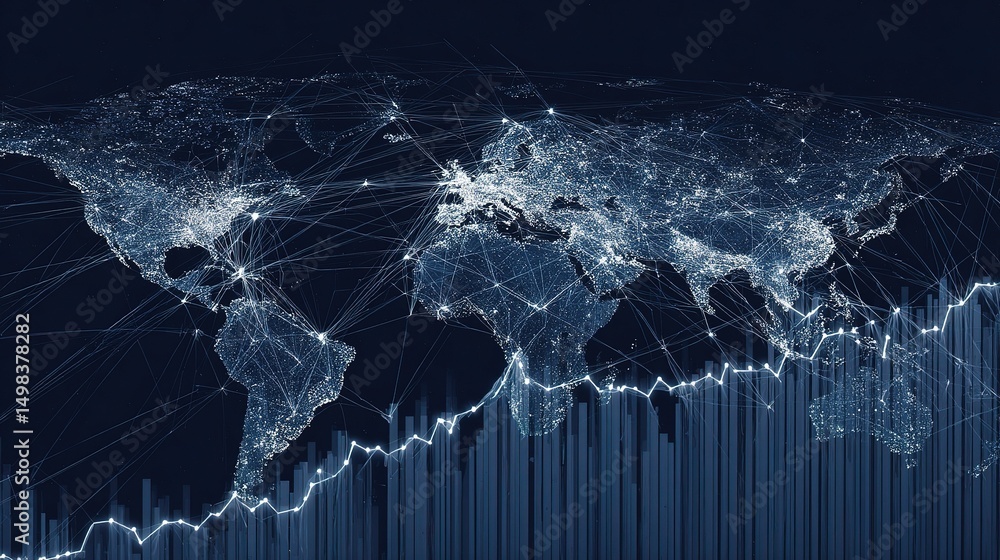 Poster global health service nodes linked by lines and data visualization
