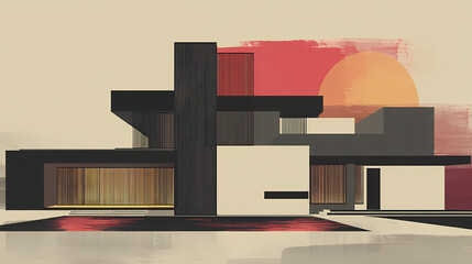 Exterior of modern minimalist cubic villa with swimming pool at sunset. created with generative ai. minimalist. Illustration
