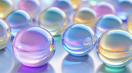 Iridescent spheres, pastel hues, glassy surface, shallow depth of field, scattered arrangement on a reflective plane